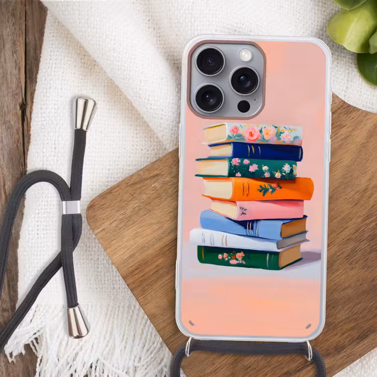 Boeken - Stapel - Kleurrijk Hoesje iPhone 16 Pro Max met koord klein -sfeer4
