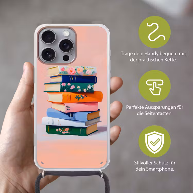 Boeken - Stapel - Kleurrijk Hoesje iPhone 16 Pro Max met koord klein -sfeer2_DE