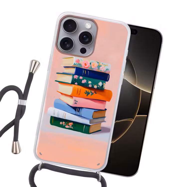 Boeken - Stapel - Kleurrijk Hoesje iPhone 16 Pro Max met koord klein -sfeer1