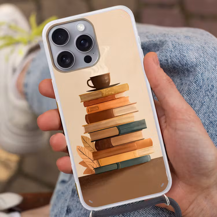 Boeken - Toren - Koffie - Beige Hoesje iPhone 16 Pro Max met koord klein -sfeer3