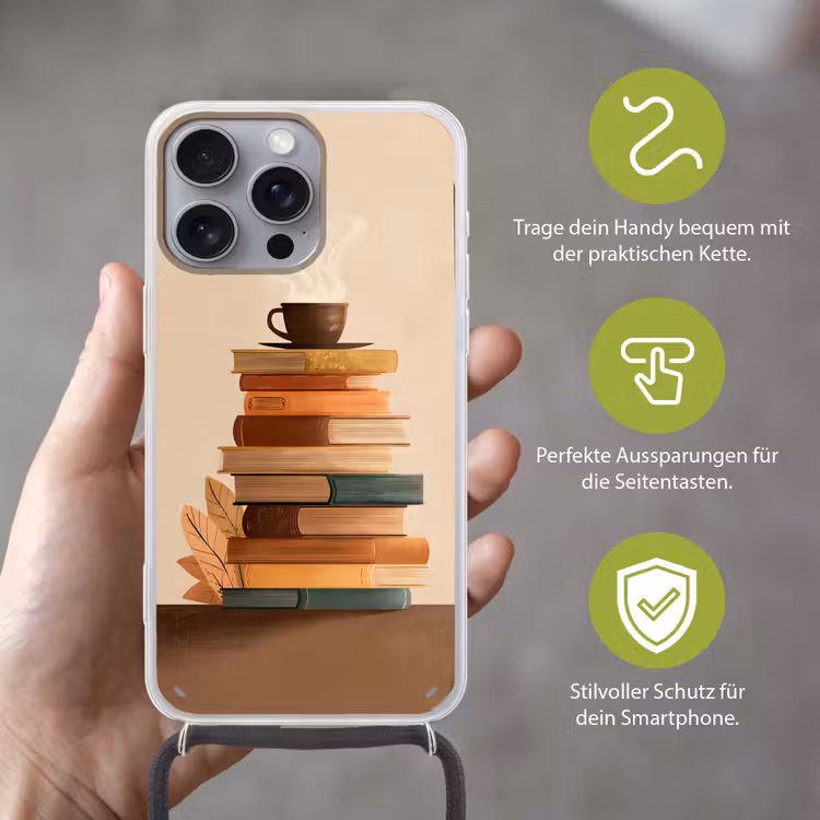 Boeken - Toren - Koffie - Beige Hoesje iPhone 16 Pro Max met koord klein -sfeer2_DE