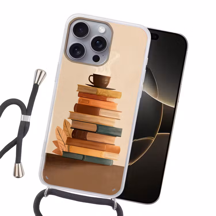 Boeken - Toren - Koffie - Beige Hoesje iPhone 16 Pro Max met koord klein -sfeer1