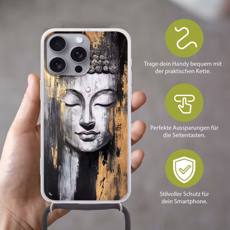 Boedhha - Penseelstreken - Goud - Abstract Hoesje iPhone 16 Pro Max met koord klein -sfeer2_DE
