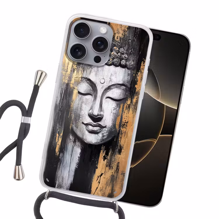 Boedhha - Penseelstreken - Goud - Abstract Hoesje iPhone 16 Pro Max met koord klein -sfeer1