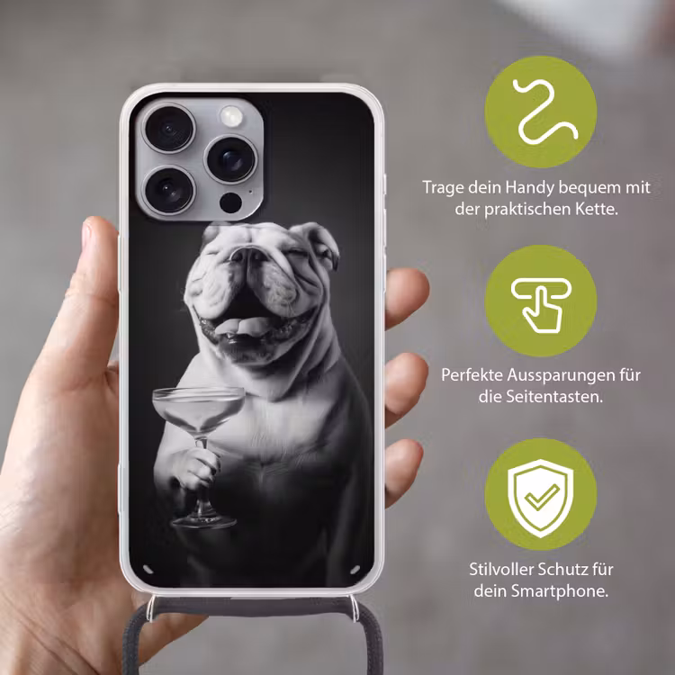 Buldog - Hond - Glas Hoesje iPhone 16 Pro Max met koord klein -sfeer2_DE