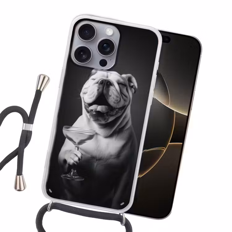 Buldog - Hond - Glas Hoesje iPhone 16 Pro Max met koord klein -sfeer1