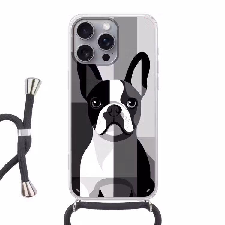 Buldog - Zwart - Abstract - Vlakken Hoesje iPhone 16 Pro Max met koord klein -3d