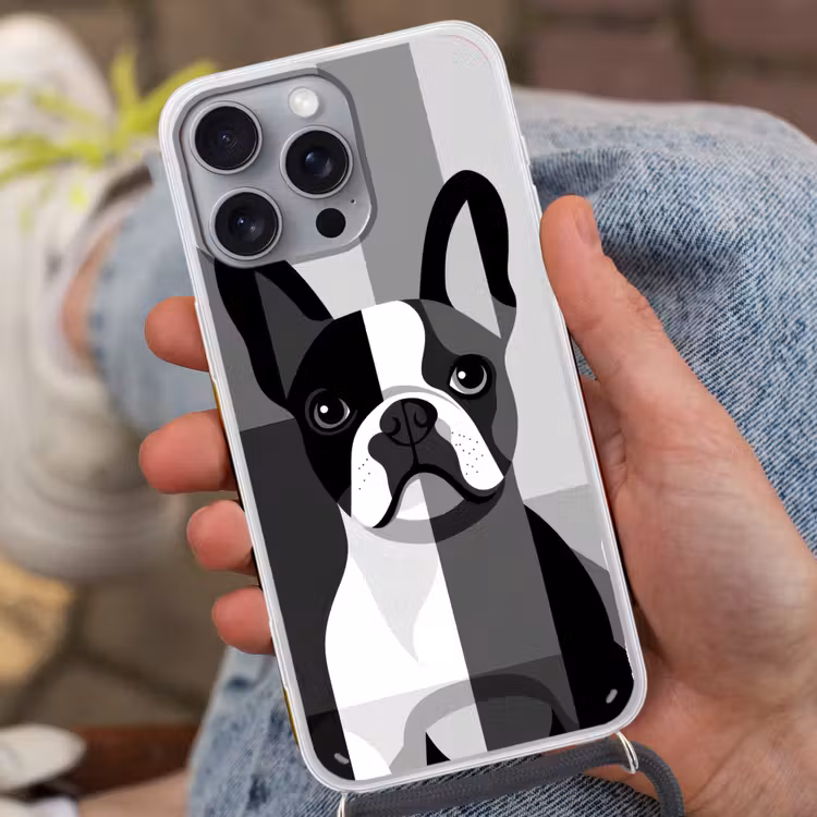 Buldog - Zwart - Abstract - Vlakken Hoesje iPhone 16 Pro Max met koord klein -sfeer3
