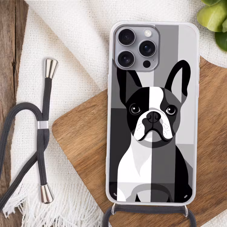 Buldog - Zwart - Abstract - Vlakken Hoesje iPhone 16 Pro Max met koord klein -sfeer4