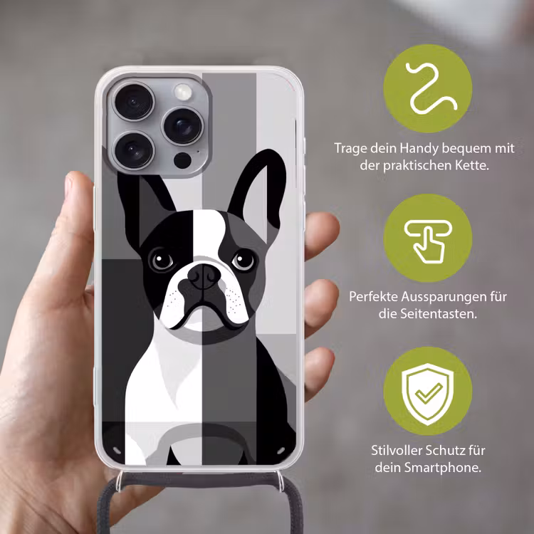 Buldog - Zwart - Abstract - Vlakken Hoesje iPhone 16 Pro Max met koord klein -sfeer2_DE