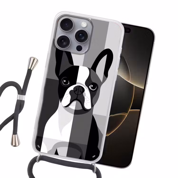 Buldog - Zwart - Abstract - Vlakken Hoesje iPhone 16 Pro Max met koord klein -sfeer1