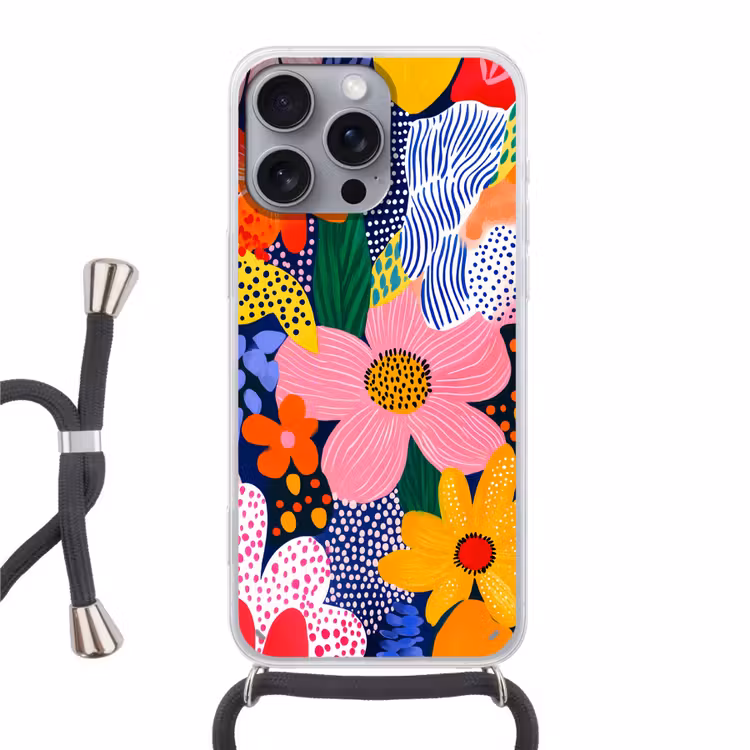 Kleurrijk - Bloemen - Abstract - Stippen Hoesje iPhone 16 Pro Max met koord klein -3d