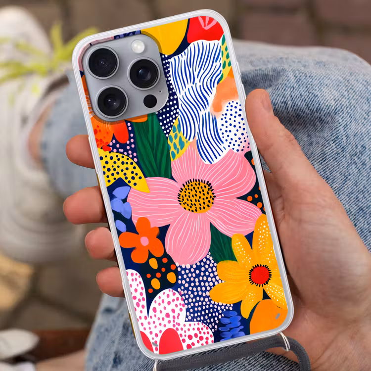 Kleurrijk - Bloemen - Abstract - Stippen Hoesje iPhone 16 Pro Max met koord klein -sfeer3