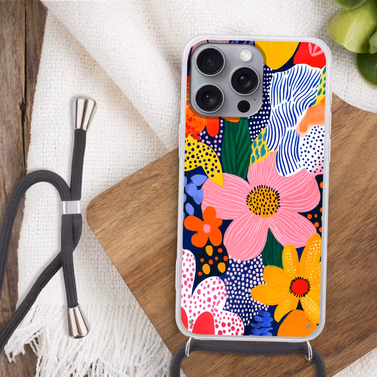 Kleurrijk - Bloemen - Abstract - Stippen Hoesje iPhone 16 Pro Max met koord klein -sfeer4
