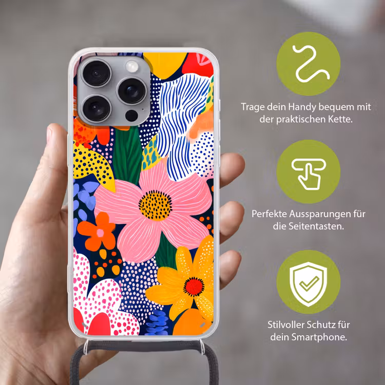 Kleurrijk - Bloemen - Abstract - Stippen Hoesje iPhone 16 Pro Max met koord klein -sfeer2_DE