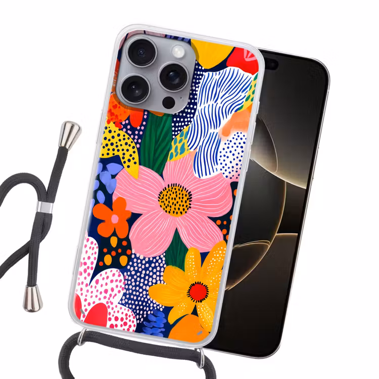 Kleurrijk - Bloemen - Abstract - Stippen Hoesje iPhone 16 Pro Max met koord klein -sfeer1