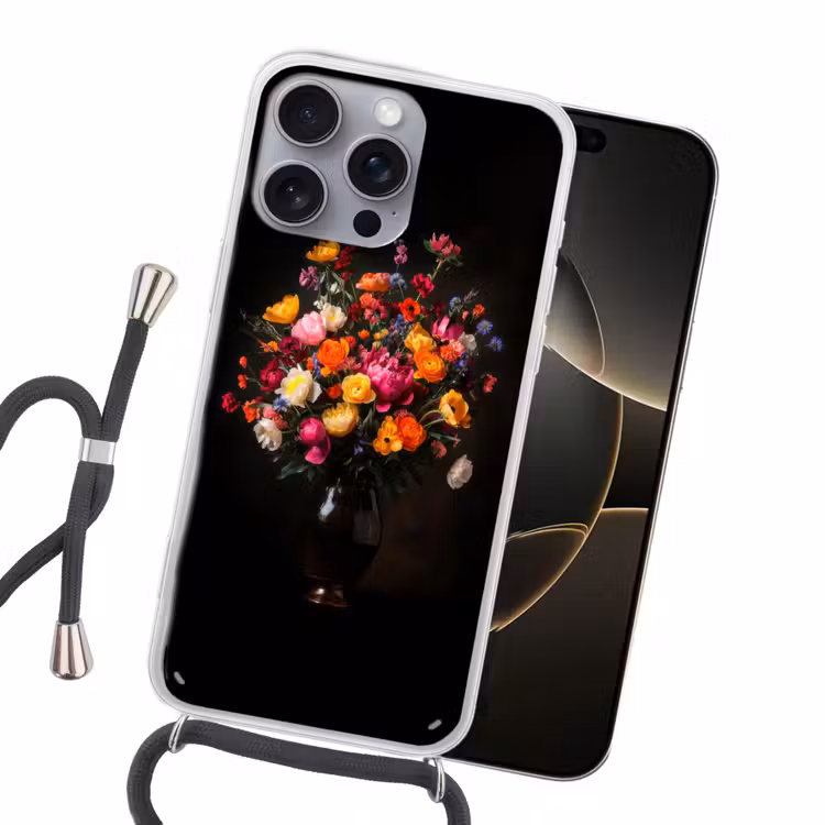 Kleurrijk - Boeket - Vaas - Donkerbruin Hoesje iPhone 16 Pro Max met koord klein -sfeer1