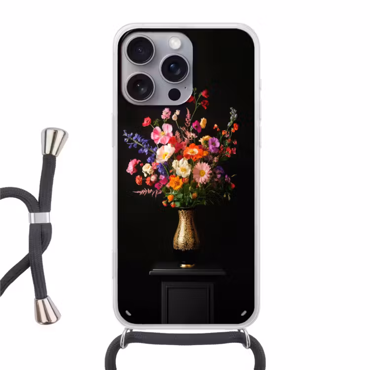 Kleurrijk - Boeket - Vaas - Goud Hoesje iPhone 16 Pro Max met koord klein -3d