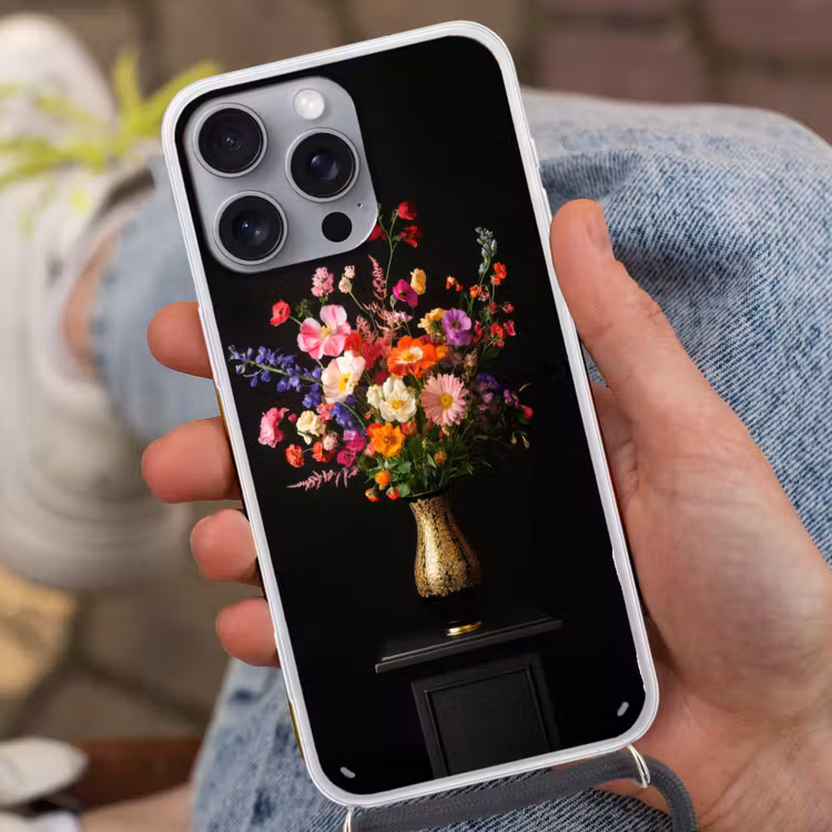 Kleurrijk - Boeket - Vaas - Goud Hoesje iPhone 16 Pro Max met koord klein -sfeer3