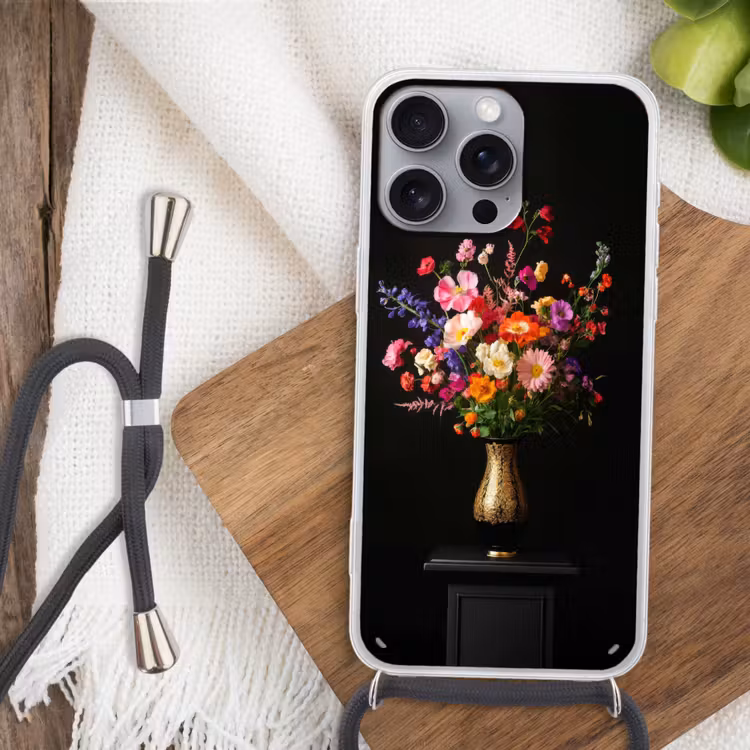 Kleurrijk - Boeket - Vaas - Goud Hoesje iPhone 16 Pro Max met koord klein -sfeer4