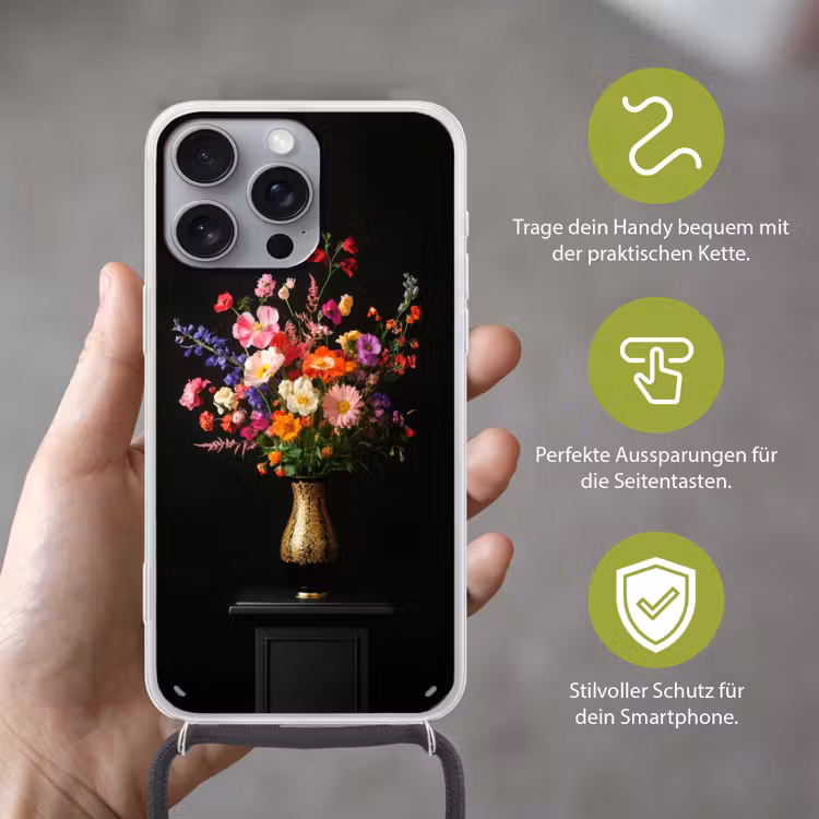 Kleurrijk - Boeket - Vaas - Goud Hoesje iPhone 16 Pro Max met koord klein -sfeer2_DE