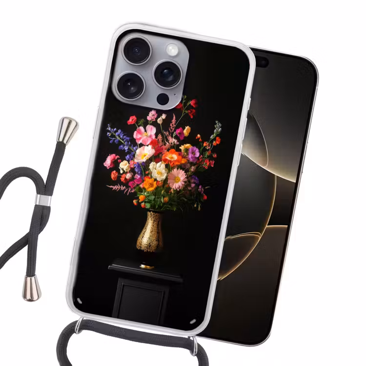 Kleurrijk - Boeket - Vaas - Goud Hoesje iPhone 16 Pro Max met koord klein -sfeer1