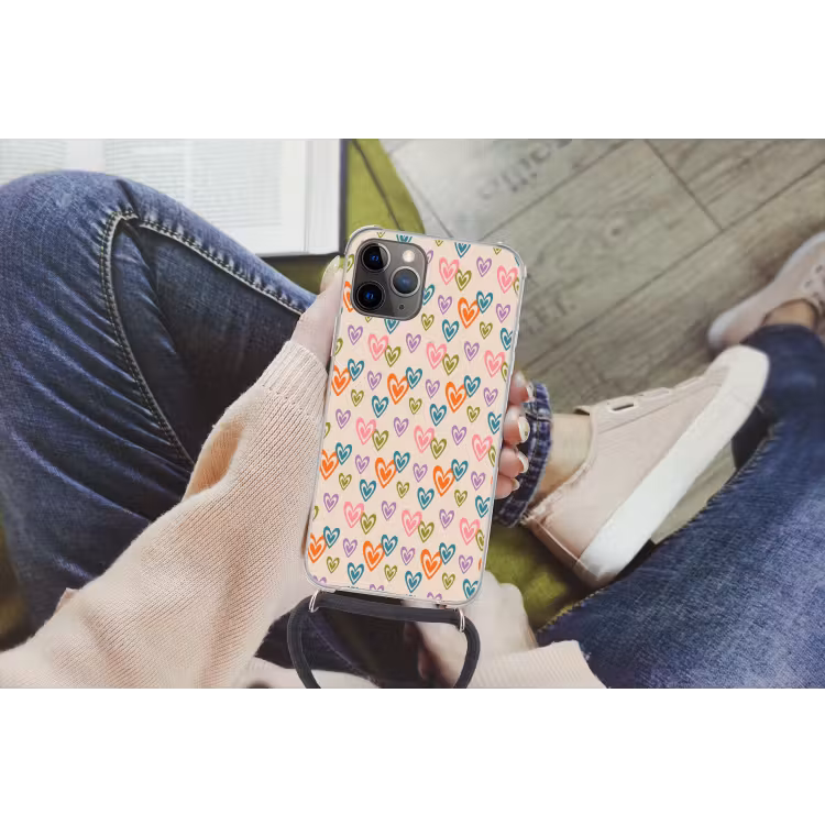 Kleurrijk - Hartjes - Patroon - Beige Hoesje iPhone 12 Pro met koord klein 509 -hand