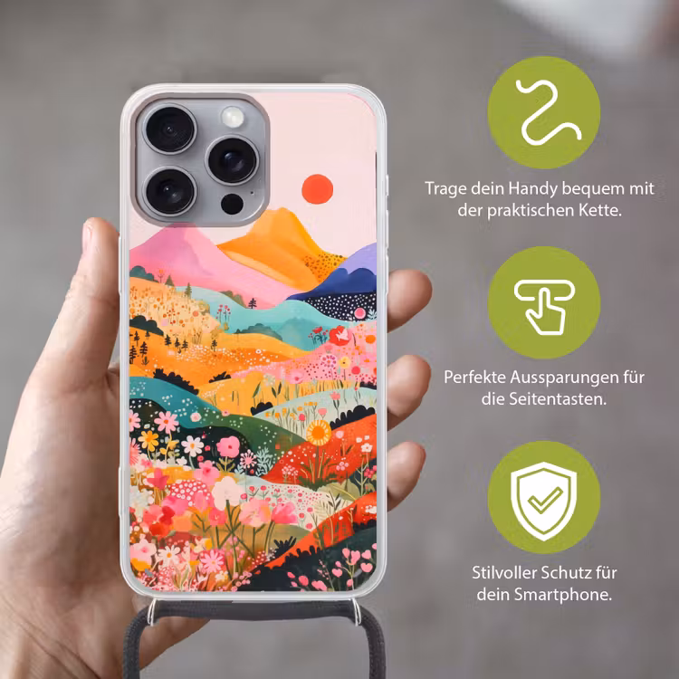 Kleurrijke bloemen - Bergen - Fantasielandschap Hoesje iPhone 16 Pro Max met koord klein -sfeer2_DE