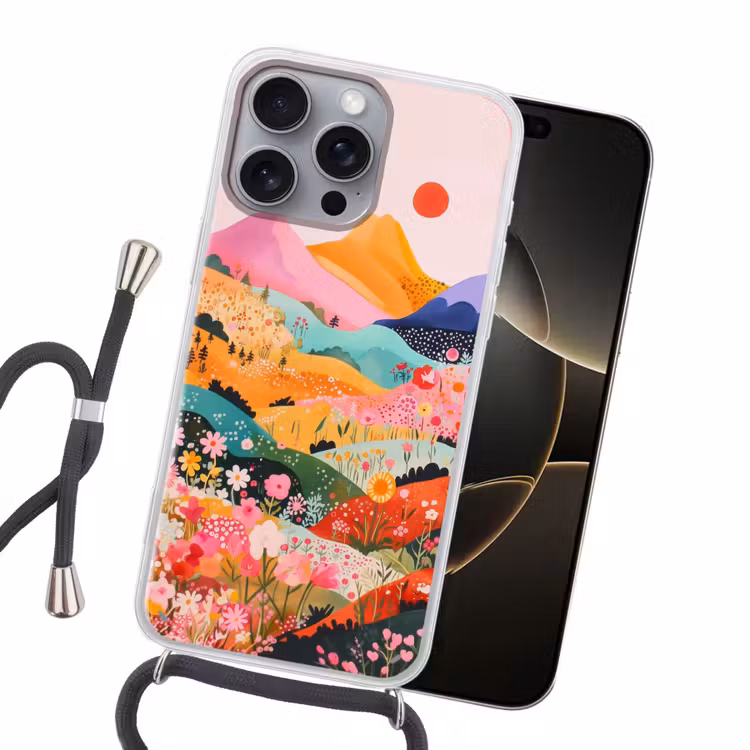 Kleurrijke bloemen - Bergen - Fantasielandschap Hoesje iPhone 16 Pro Max met koord klein -sfeer1
