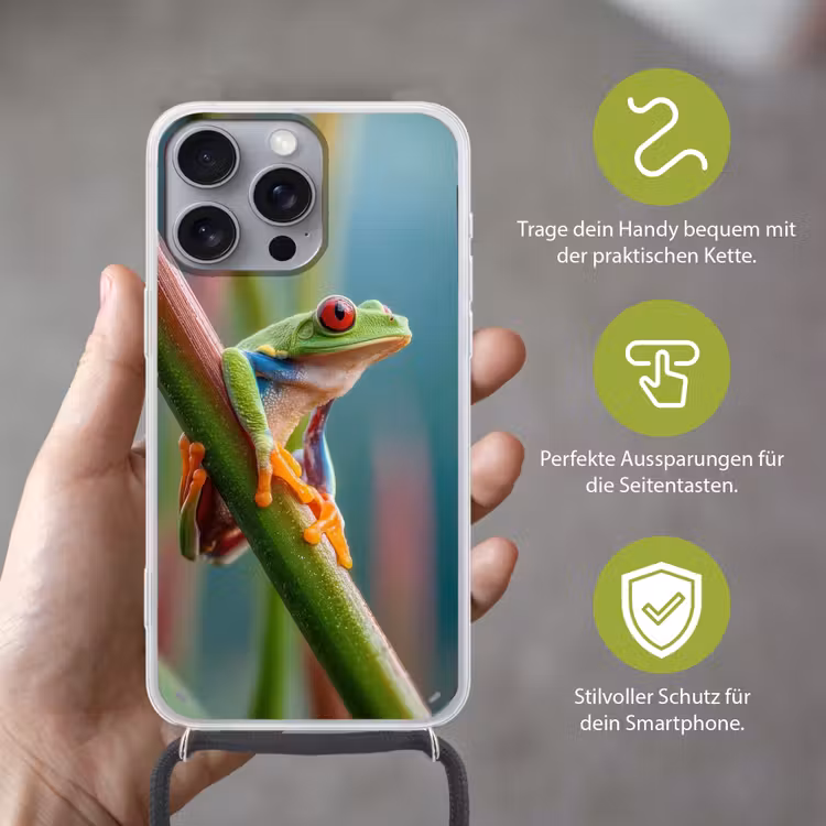 Kleurrijke kikker - Groene stengel - Alert Hoesje iPhone 16 Pro Max met koord klein -sfeer2_DE