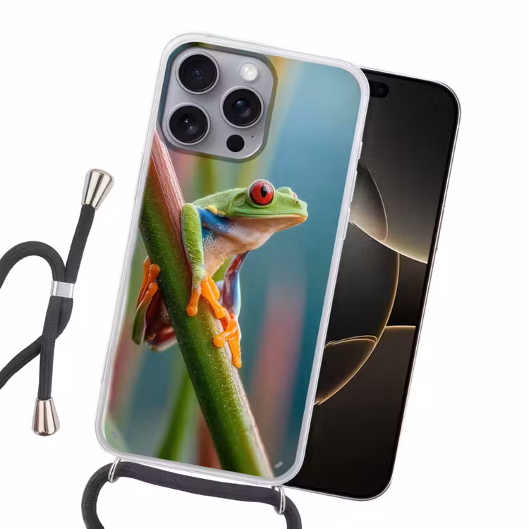 Kleurrijke kikker - Groene stengel - Alert Hoesje iPhone 16 Pro Max met koord klein -sfeer1