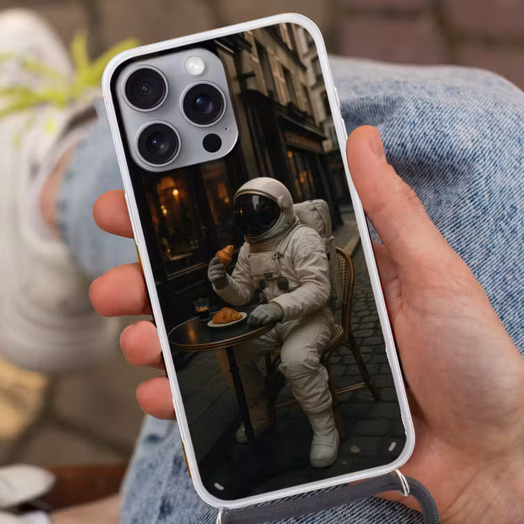 Café - Croissant - Koffie - Astronaut Hoesje iPhone 16 Pro Max met koord klein -sfeer3