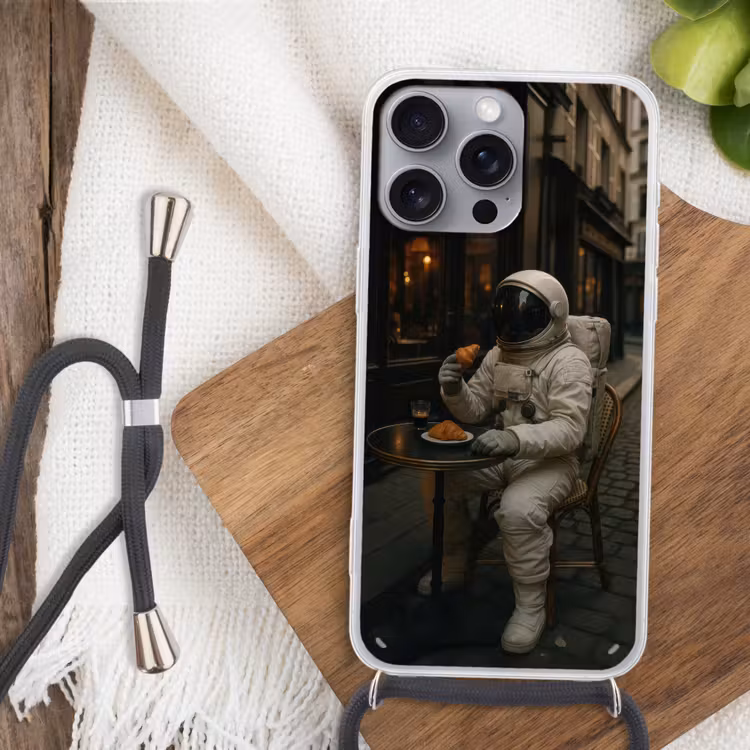 Café - Croissant - Koffie - Astronaut Hoesje iPhone 16 Pro Max met koord klein -sfeer4