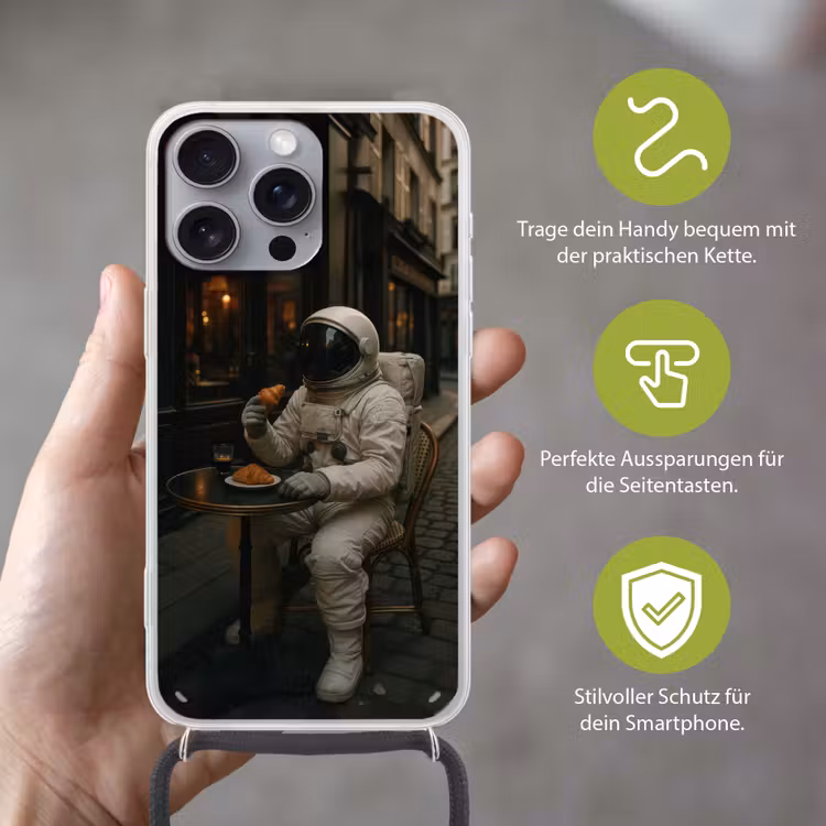 Café - Croissant - Koffie - Astronaut Hoesje iPhone 16 Pro Max met koord klein -sfeer2_DE