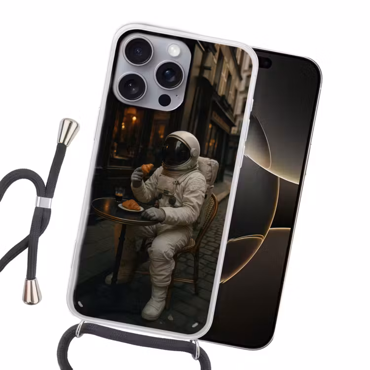 Café - Croissant - Koffie - Astronaut Hoesje iPhone 16 Pro Max met koord klein -sfeer1