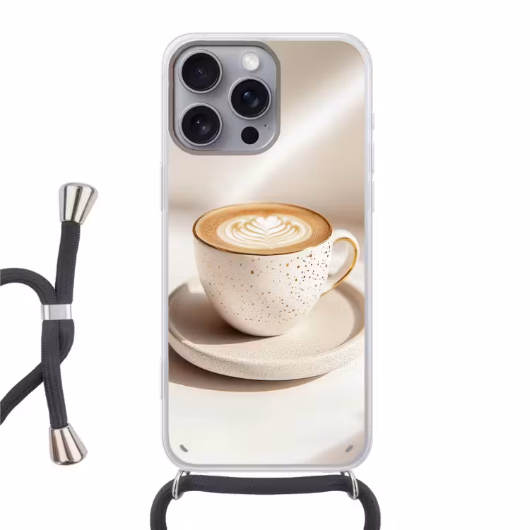 Cappuccino - Schuim - Schotel - Beige Hoesje iPhone 16 Pro Max met koord klein -3d