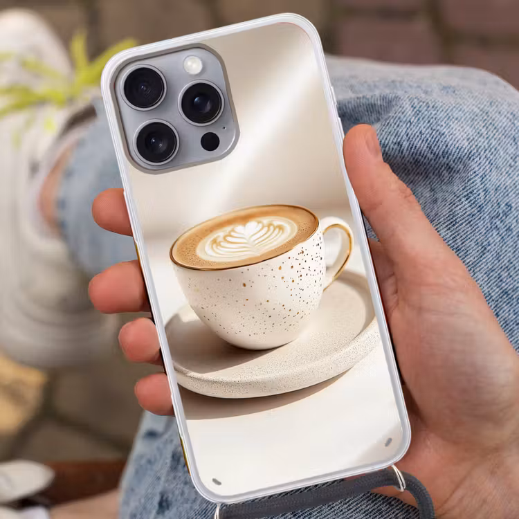 Cappuccino - Schuim - Schotel - Beige Hoesje iPhone 16 Pro Max met koord klein -sfeer3