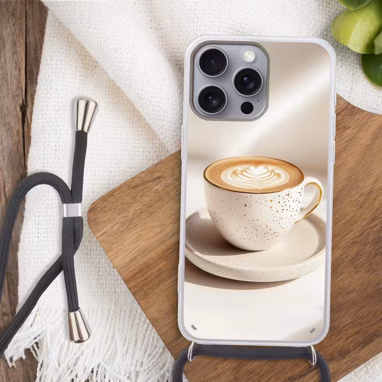 Cappuccino - Schuim - Schotel - Beige Hoesje iPhone 16 Pro Max met koord klein -sfeer4