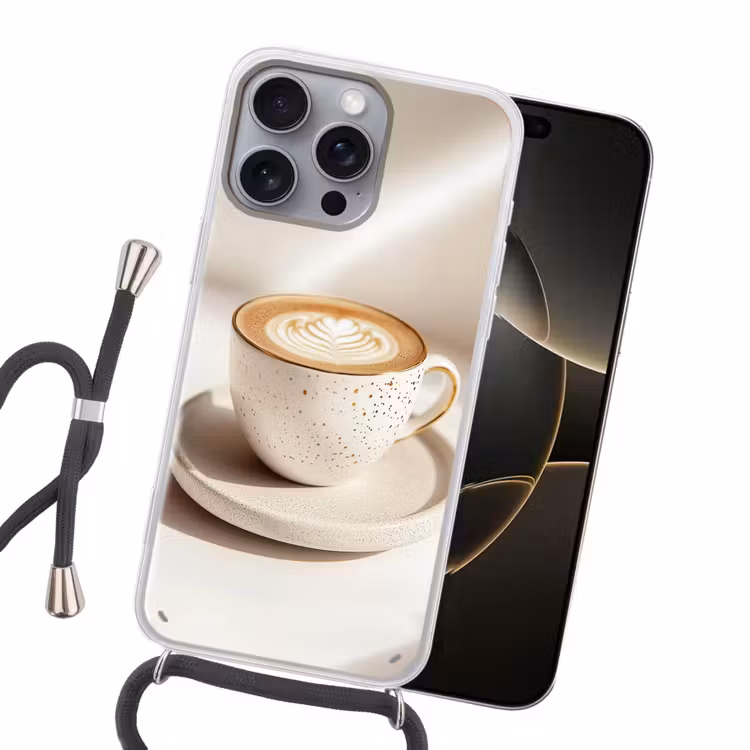 Cappuccino - Schuim - Schotel - Beige Hoesje iPhone 16 Pro Max met koord klein -sfeer1