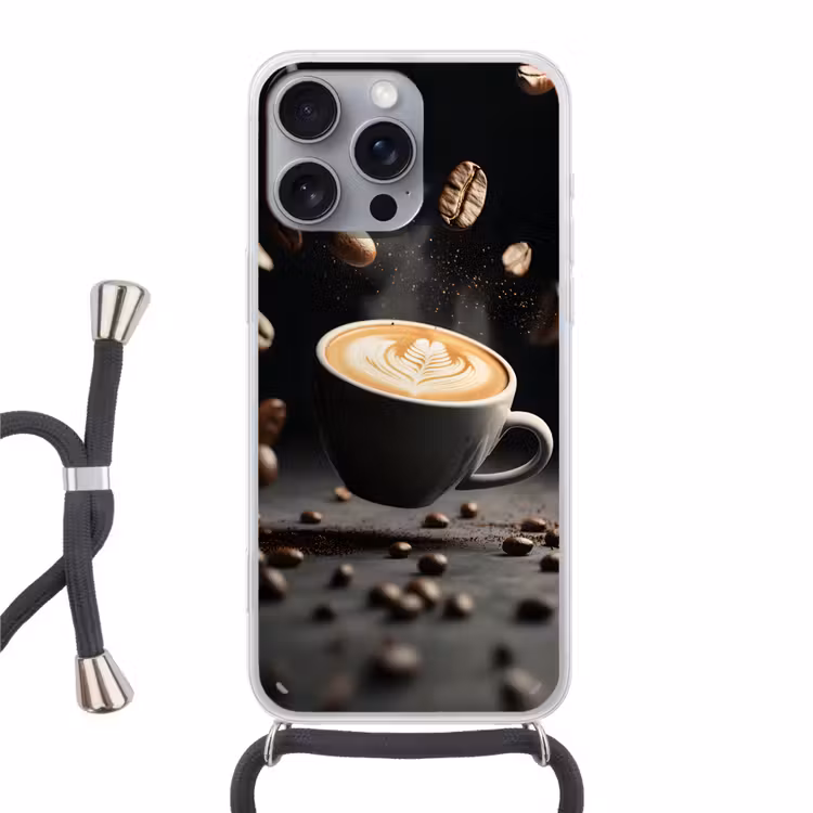 Cappuccino - Kop - Bonen - Bruin Hoesje iPhone 16 Pro Max met koord klein -3d