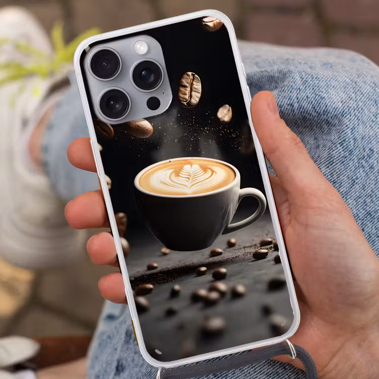 Cappuccino - Kop - Bonen - Bruin Hoesje iPhone 16 Pro Max met koord klein -sfeer3