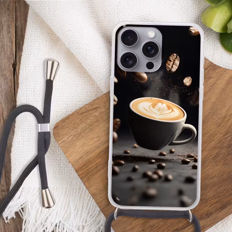 Cappuccino - Kop - Bonen - Bruin Hoesje iPhone 16 Pro Max met koord klein -sfeer4