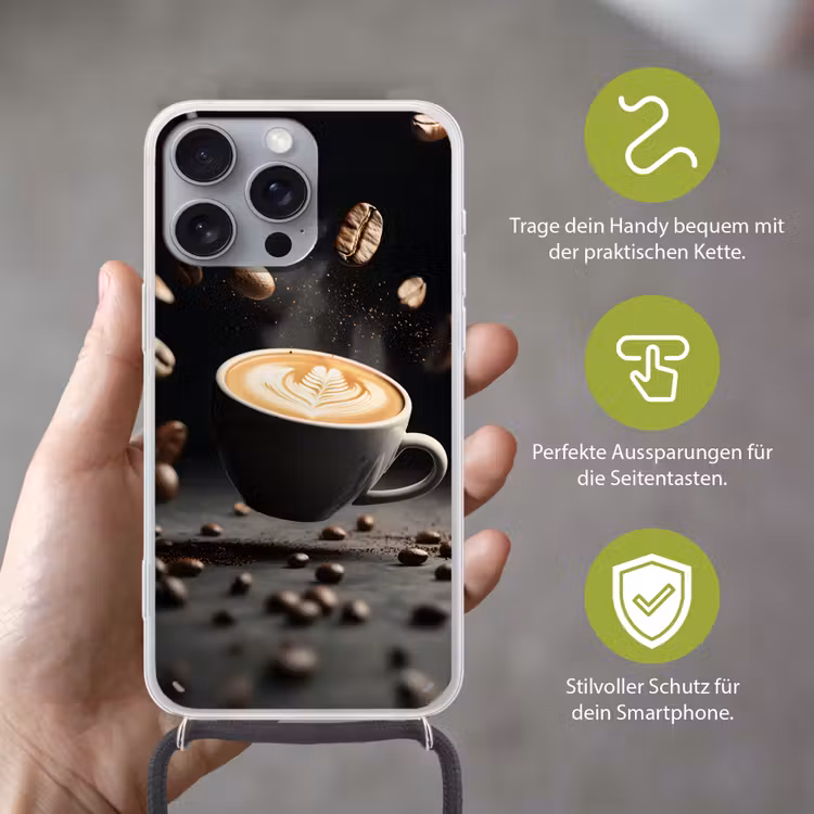 Cappuccino - Kop - Bonen - Bruin Hoesje iPhone 16 Pro Max met koord klein -sfeer2_DE