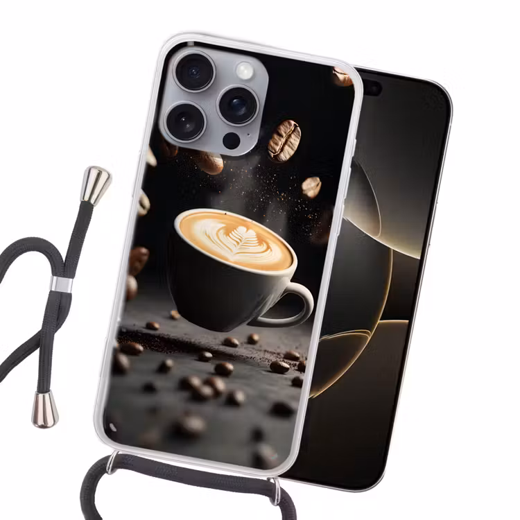 Cappuccino - Kop - Bonen - Bruin Hoesje iPhone 16 Pro Max met koord klein -sfeer1
