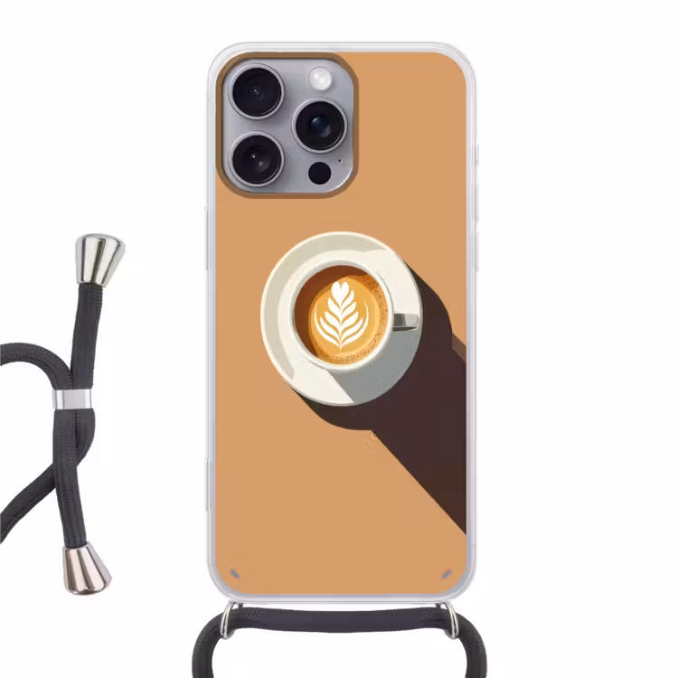 Cappuccino - Kop - Schotel - Minimalitisch Hoesje iPhone 16 Pro Max met koord klein -3d