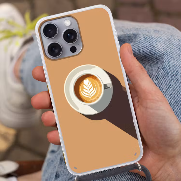 Cappuccino - Kop - Schotel - Minimalitisch Hoesje iPhone 16 Pro Max met koord klein -sfeer3