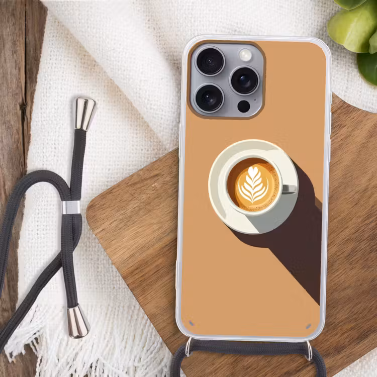 Cappuccino - Kop - Schotel - Minimalitisch Hoesje iPhone 16 Pro Max met koord klein -sfeer4