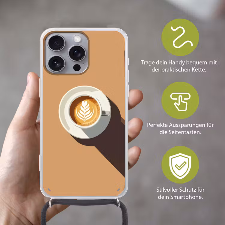 Cappuccino - Kop - Schotel - Minimalitisch Hoesje iPhone 16 Pro Max met koord klein -sfeer2_DE