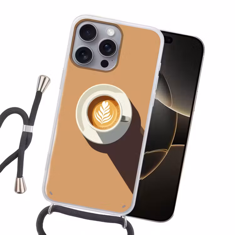 Cappuccino - Kop - Schotel - Minimalitisch Hoesje iPhone 16 Pro Max met koord klein -sfeer1