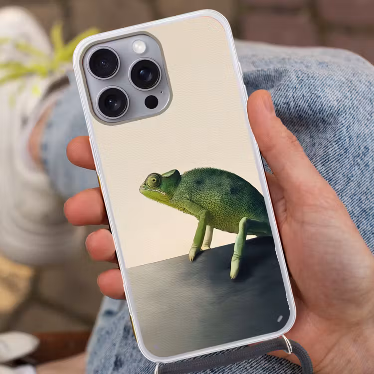 Kameleon - Groen - Minimalistisch Hoesje iPhone 16 Pro Max met koord klein -sfeer3
